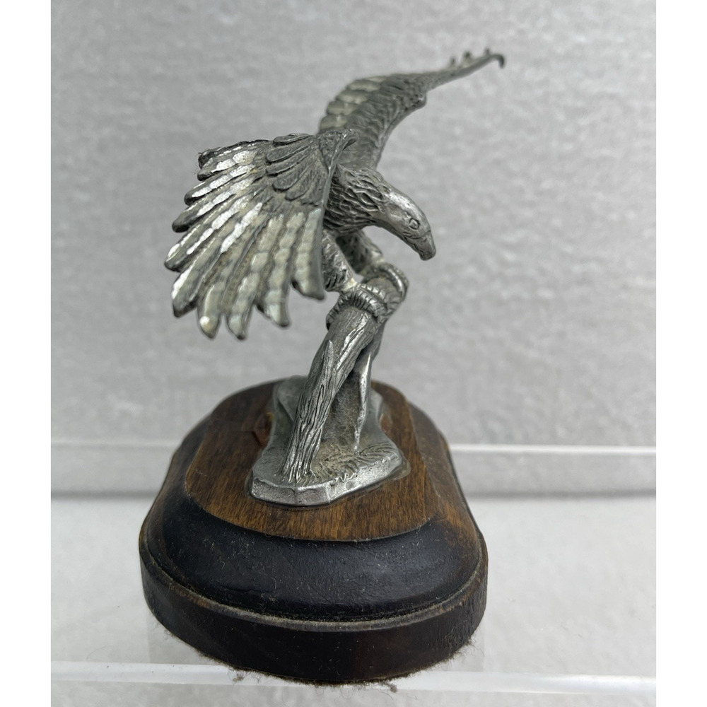 VTG Pewter Eagle Figurine on Wooden Base Perched on Branch Bird Sculpture Office